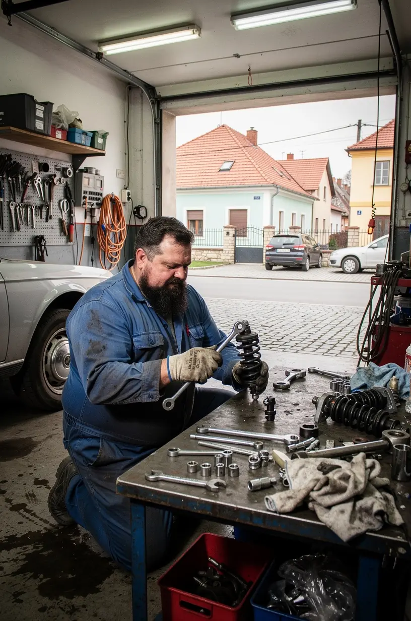 Detailný záber na športové brzdy a zavesenie upraveného auta pripraveného na zvýšenie výkonu